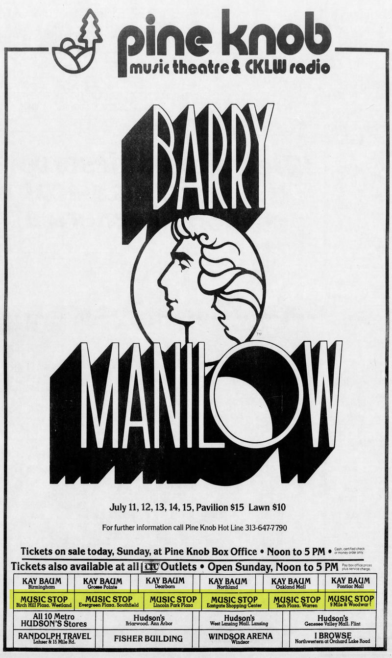 Music Stop - May 18 1980 Ad For Manilow Tickets